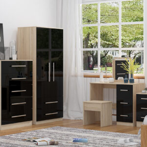 High Gloss Quattro Bedroom Black Set Wardrobe, Chest, Bedside, Dressing Table - Image 1