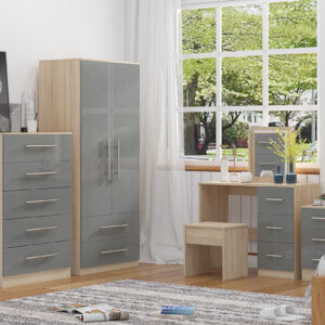 High Gloss Quattro Bedroom Grey Set Wardrobe, Chest, Bedside, Dressing Table - Image 1