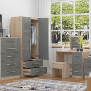 High Gloss Quattro Bedroom Grey Set Wardrobe, Chest, Bedside, Dressing Table - Image 2