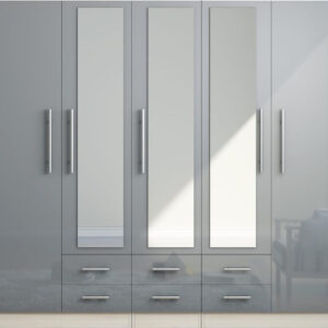 High Gloss Grey Large Wardrobe 5 Door 6 Drawers - Image 3