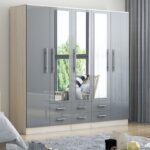 High Gloss Grey Large Wardrobe with 5 Doors and 6 Drawers – Modern Bedroom Storage