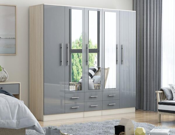 High Gloss Grey 5 Door 6 Drawer Large Wardrobe – Unique Furnishings High Gloss Grey Large Wardrobe with 5 Doors and 6 Drawers – Modern Bedroom Storage