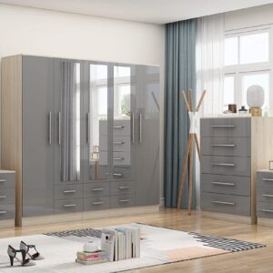 High Gloss Grey Large Wardrobe + Chest of Drawers + 2 Bed Sides - Image 2
