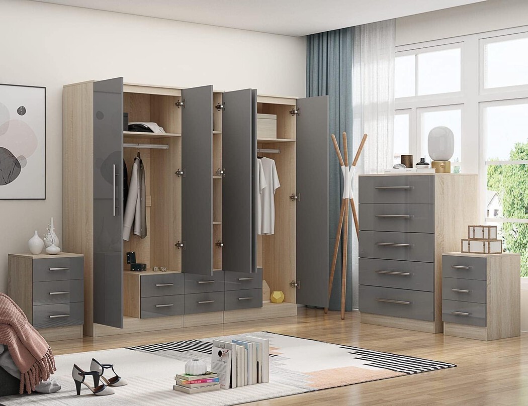 High Gloss Grey Large Wardrobe with Chest of Drawers and Two Bedside Tables
