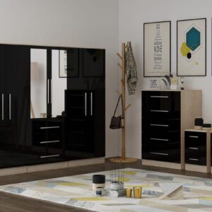 High Gloss Black Large Wardrobe - 6 Door 3 Drawers & Long Mirror + Chest Of Drawers + 2 x Bedsides - Image 3