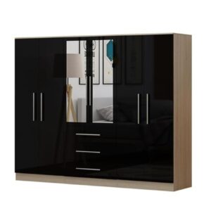 High Gloss Black Large Wardrobe - 6 Door 3 Drawers & Long Mirror + Chest Of Drawers + 2 x Bedsides - Image 4