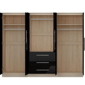 High Gloss Black Large Wardrobe - 6 Door 3 Drawers & Long Mirror + Chest Of Drawers + 2 x Bedsides - Image 5