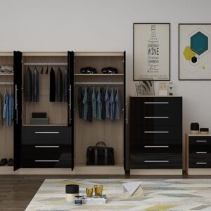 High Gloss Black Large Wardrobe - 6 Door 3 Drawers & Long Mirror + Chest Of Drawers + 2 x Bedsides - Image 2
