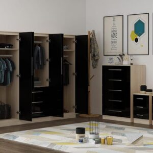 High Gloss Black Large Wardrobe - 6 Door 3 Drawers & Long Mirror + Chest Of Drawers + 2 x Bedsides - Image 6