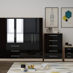 Gloss Large Wardrobe - 6 Door 3 Drawers & Long Mirror + Chest Of Drawers + 2 x Bedsides - Image 1