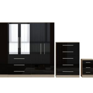 High Gloss Black Large Wardrobe - 6 Door 3 Drawers & Long Mirror + Chest Of Drawers + 2 x Bedsides - Image 8