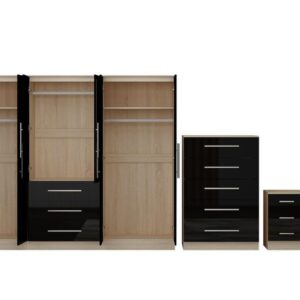 High Gloss Black Large Wardrobe - 6 Door 3 Drawers & Long Mirror + Chest Of Drawers + 2 x Bedsides - Image 9