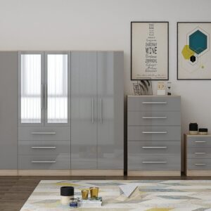 High Gloss Grey Large Wardrobe - 6 Door 3 Drawers & Long Mirror + Chest Of Drawers + 2 x Bedsides - Image 8