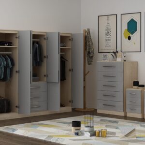 High Gloss Grey Large Wardrobe - 6 Door 3 Drawers & Long Mirror + Chest Of Drawers + 2 x Bedsides - Image 2