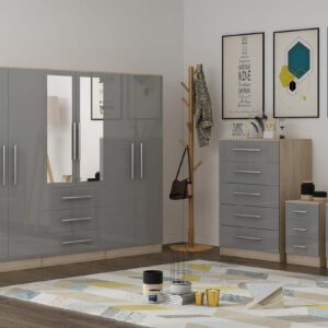 High Gloss Grey Large Wardrobe - 6 Door 3 Drawers & Long Mirror + Chest Of Drawers + 2 x Bedsides - Image 3