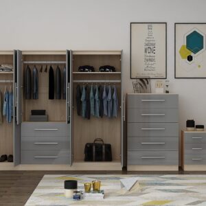 High Gloss Grey Large Wardrobe - 6 Door 3 Drawers & Long Mirror + Chest Of Drawers + 2 x Bedsides - Image 4
