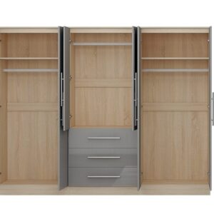 High Gloss Grey Large Wardrobe - 6 Door 3 Drawers & Long Mirror + Chest Of Drawers + 2 x Bedsides - Image 5
