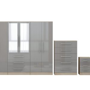 High Gloss Grey Large Wardrobe - 6 Door 3 Drawers & Long Mirror + Chest Of Drawers + 2 x Bedsides - Image 6
