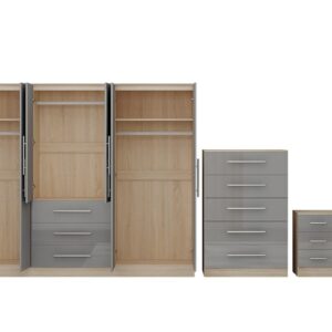 High Gloss Grey Large Wardrobe - 6 Door 3 Drawers & Long Mirror + Chest Of Drawers + 2 x Bedsides - Image 7