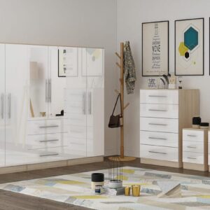 High Gloss White Large Wardrobe - 6 Door 3 Drawers & Long Mirror + Chest Of Drawers + 2 x Bedsides - Image 3