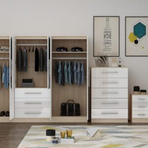 High Gloss White Large Wardrobe - 6 Door 3 Drawers & Long Mirror + Chest Of Drawers + 2 x Bedsides - Image 4