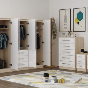 High Gloss White Large Wardrobe - 6 Door 3 Drawers & Long Mirror + Chest Of Drawers + 2 x Bedsides - Image 5