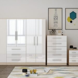 High Gloss White Large Wardrobe - 6 Door 3 Drawers & Long Mirror + Chest Of Drawers + 2 x Bedsides - Image 1