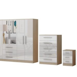 High Gloss White Large Wardrobe - 6 Door 3 Drawers & Long Mirror + Chest Of Drawers + 2 x Bedsides - Image 6