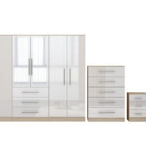 High Gloss White Large Wardrobe - 6 Door 3 Drawers & Long Mirror + Chest Of Drawers + 2 x Bedsides - Image 7