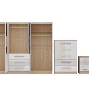 High Gloss White Large Wardrobe - 6 Door 3 Drawers & Long Mirror + Chest Of Drawers + 2 x Bedsides - Image 8