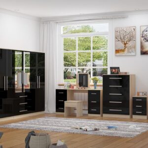 High Gloss Black Wardrobe Set with 6 Doors, Dresser, Chest and 2 Bedside Tables