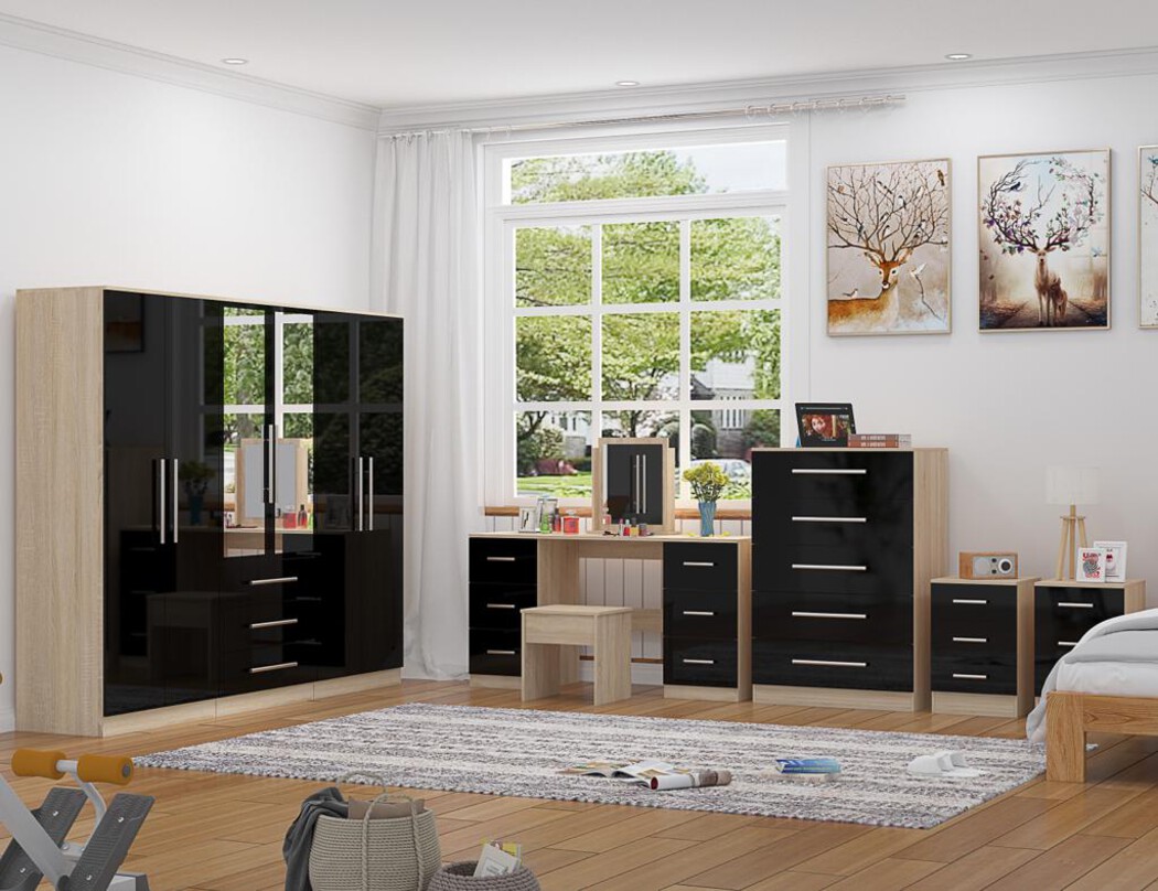 High Gloss Black Wardrobe Set with 6 Doors, Dresser, Chest and 2 Bedside Tables
