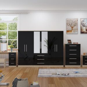High Gloss Black, 6 Door Wardrobe + Double Dresser + Chest + 2 Bedsides - Image 5