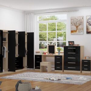 High Gloss Black, 6 Door Wardrobe + Double Dresser + Chest + 2 Bedsides - Image 2