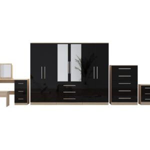 High Gloss Black, 6 Door Wardrobe + Double Dresser + Chest + 2 Bedsides - Image 6