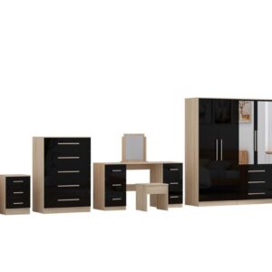 High Gloss Black, 6 Door Wardrobe + Double Dresser + Chest + 2 Bedsides - Image 8