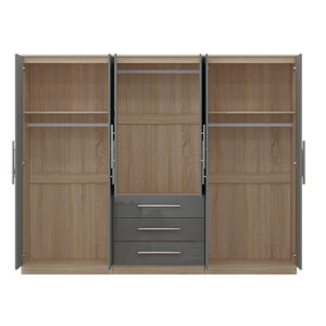 High Gloss Grey, 6 Door Wardrobe + Double Dresser + Chest + 2 Bedsides - Image 8