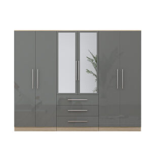 High Gloss Grey, 6 Door Wardrobe + Double Dresser + Chest + 2 Bedsides - Image 7
