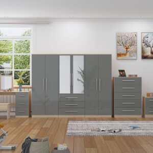 High Gloss Grey, 6 Door Wardrobe + Double Dresser + Chest + 2 Bedsides - Image 5