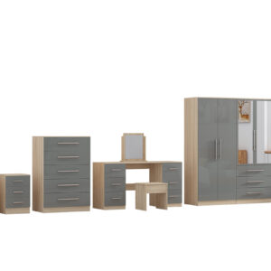 High Gloss Grey, 6 Door Wardrobe + Double Dresser + Chest + 2 Bedsides - Image 4
