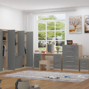 High Gloss Grey, 6 Door Wardrobe + Double Dresser + Chest + 2 Bedsides - Image 3