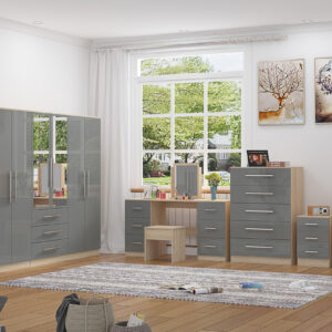 High Gloss Grey, 6 Door Wardrobe + Double Dresser + Chest + 2 Bedsides - Image 2
