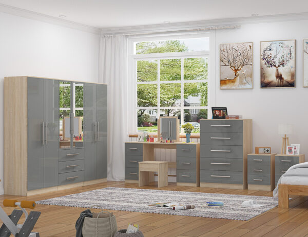 High Gloss Grey Wardrobe Set with 6 Doors, Dresser, Chest and Bedside Tables