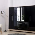 Gloss Black Large Wardrobe with 6 Doors, 3 Drawers, and Full-Length Mirror