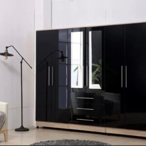 Gloss Black Large Wardrobe with 6 Doors, 3 Drawers, and Full-Length Mirror