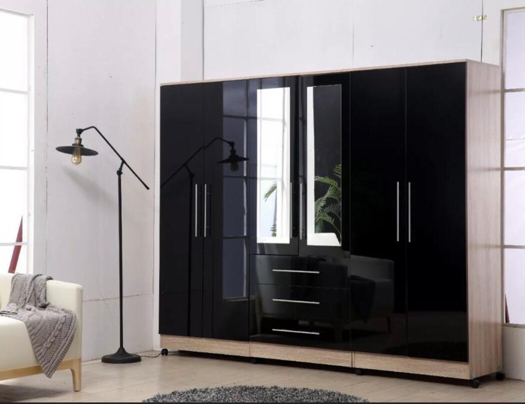 Gloss Black Large Wardrobe with 6 Doors, 3 Drawers, and Full-Length Mirror