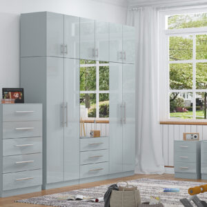 High Gloss Topbox 6 Door Mirrored Fitment Wardrobe + Chest Of Drawers + 2 x Bedsides - Image 3