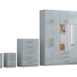 High Gloss Topbox 6 Door Mirrored Fitment Wardrobe + Chest Of Drawers + 2 x Bedsides - Image 2