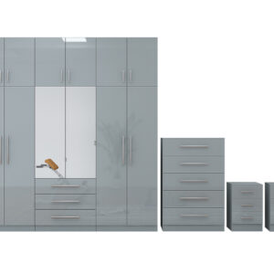 High Gloss Topbox 6 Door Mirrored Fitment Wardrobe + Chest Of Drawers + 2 x Bedsides - Image 7