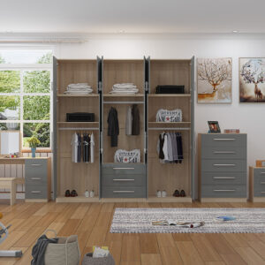 High Gloss Topbox 6 Door Dark Grey Mirrored Fitment Wardrobe + Double Dresser + Chest + 2 Bedsides - Image 1